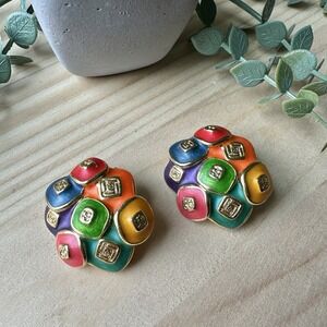 VTG Fashion Clip Earrings 1 3/8" Multicolor Enamel Geometric Gold Tone Signed